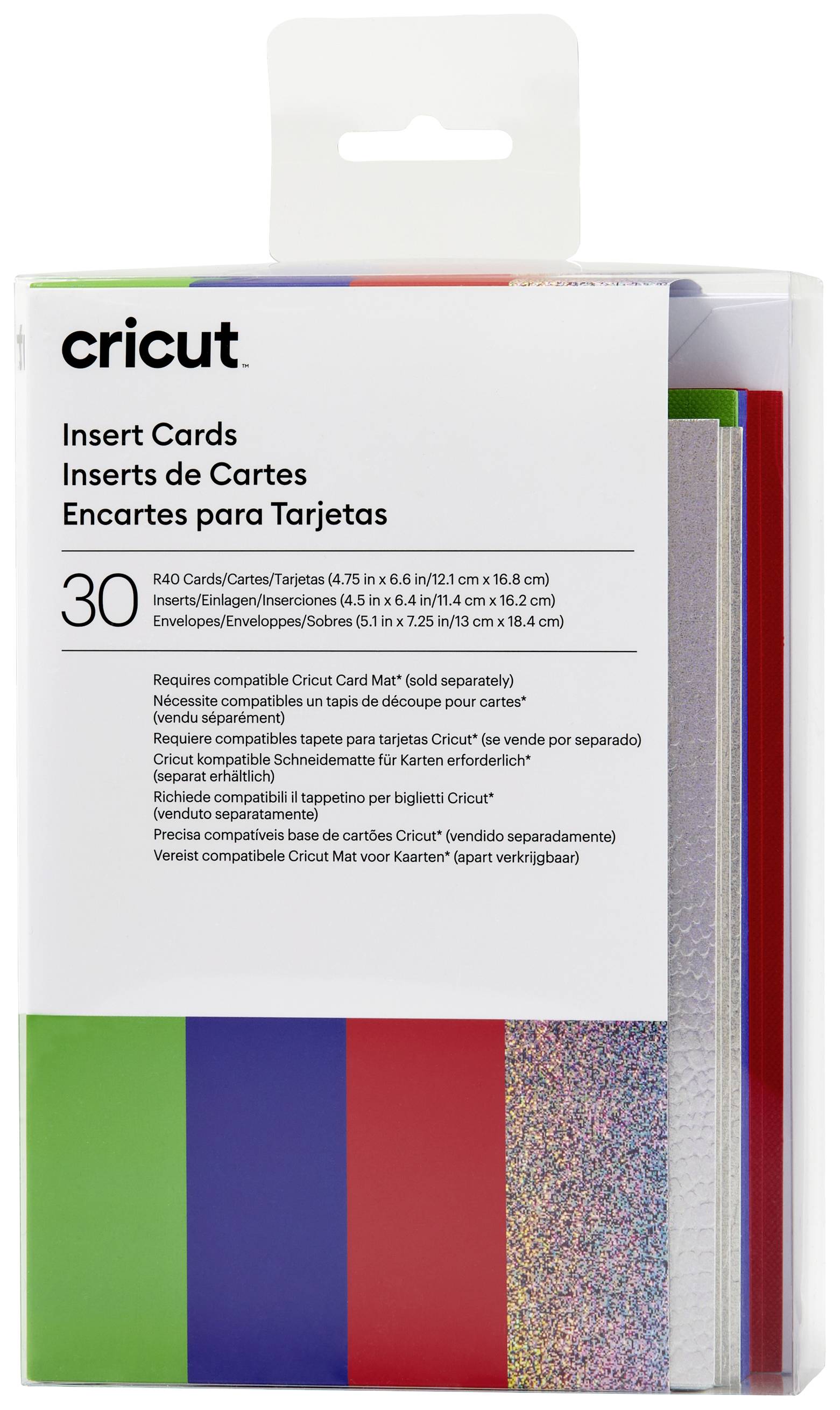 Verpakking met 30 Cricut insteekkaarten in verschillende kleuren, geschikt voor kaartenprojecten. Inclusief enveloppen.