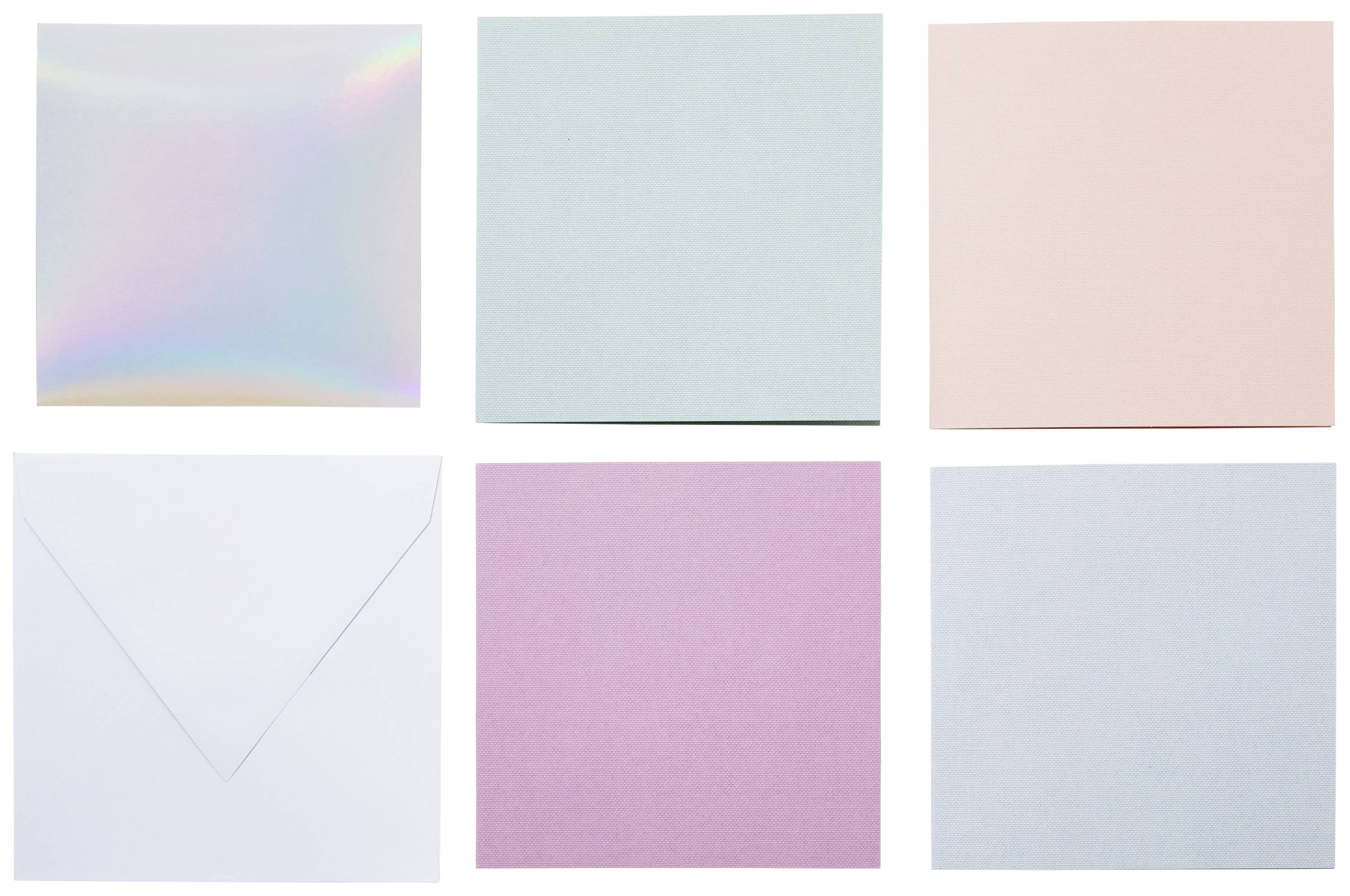 Zes vierkante enveloppen in verschillende kleuren (regenboog, lichtgroen, roze, wit, paars, grijs), gerangschikt in twee rijen.