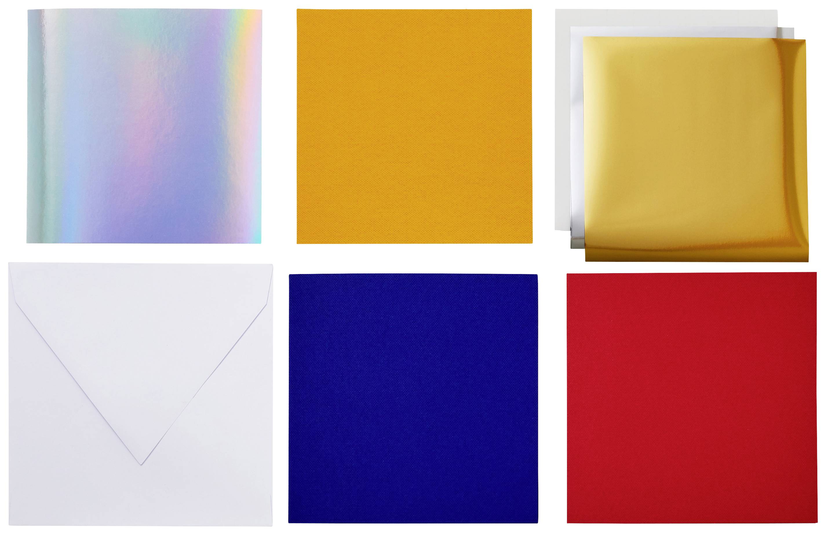 Zes vierkanten in twee rijen: bovenaan regenboogkleuren, geel, zilver; onderaan witte envelop, blauw, rood.