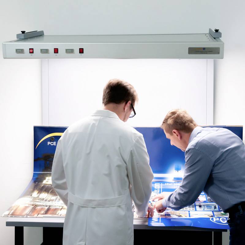 Twee personen inspecteren een groot poster onder een lichtbak. De personen analyseren een technisch diagram op het poster.