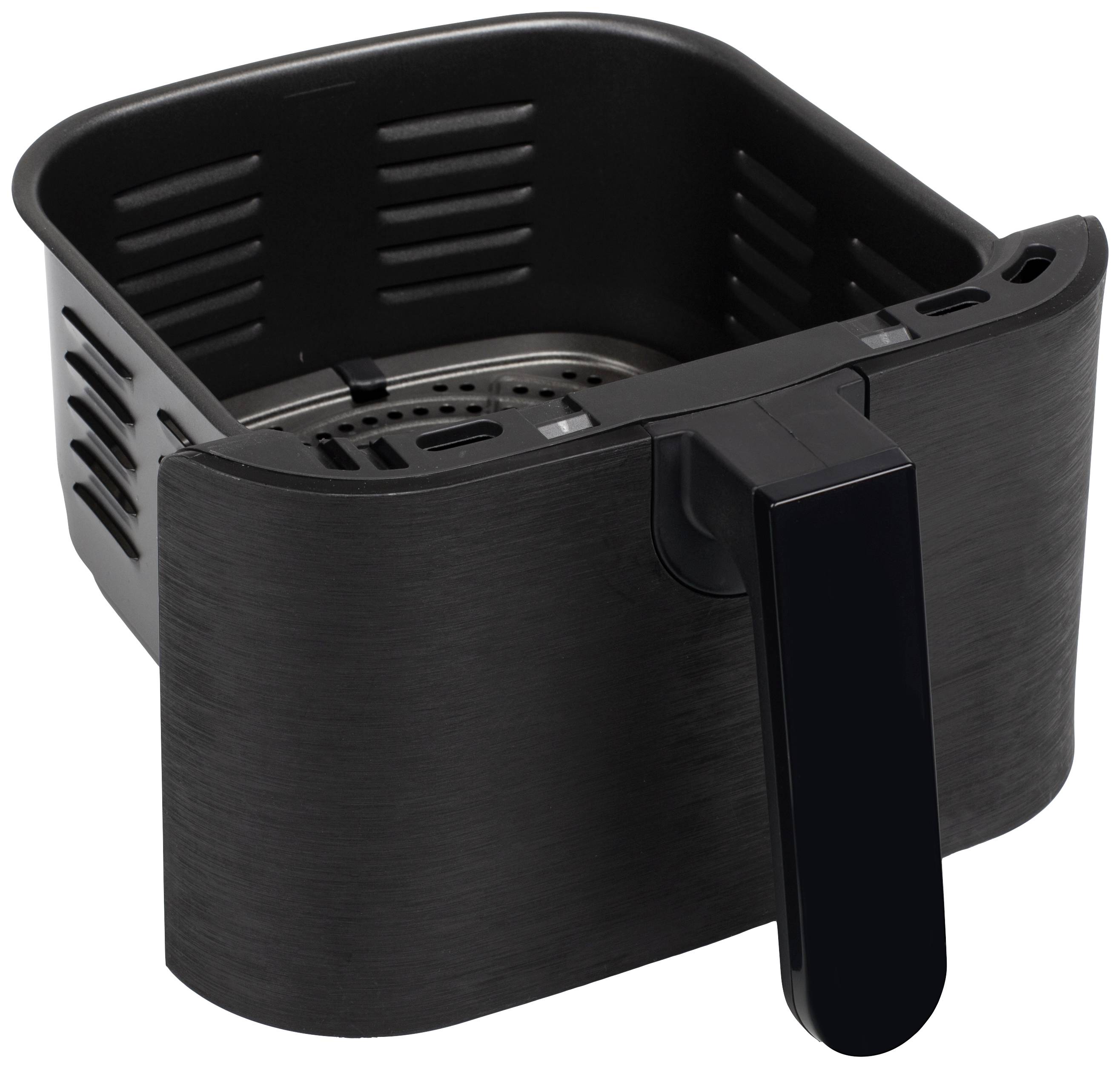 Een zwarte friteuse met uitneembare mand en handvat, ideaal voor vetarm frituren van gerechten zoals friet of kip.