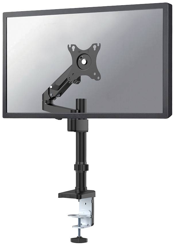 Een verstelbare monitorarm houdt een flatscreen. De monitor is bevestigd aan een bureau en kan flexibel worden verplaatst.