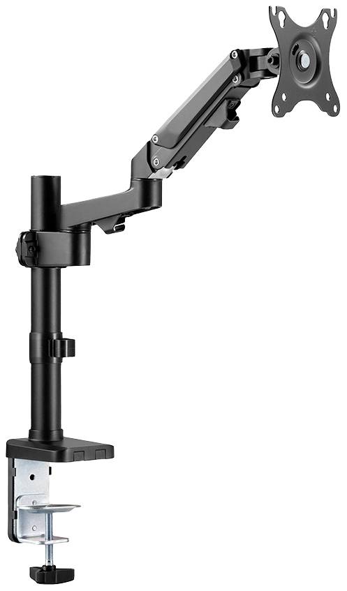 Zwarte, verstelbare monitorsteun met klembevestiging. Geschikt voor verschillende beeldschermformaten en flexibele positionering.
