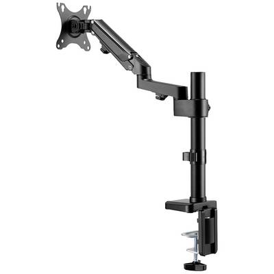 Een verstelbare monitorarm in het zwart, bevestigd aan een tafelrand met een klem. Ideaal voor ergonomische schermpositionering.