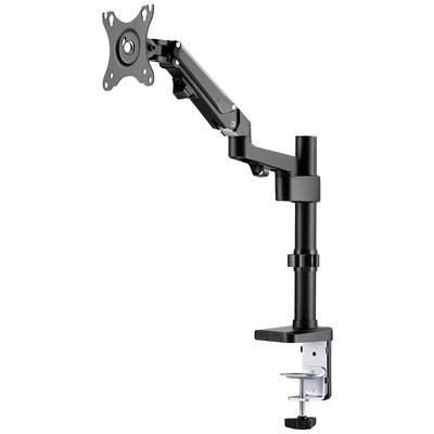 Een verstelbare monitorarm van metaal voor bureaus, met klem voor bevestiging. Geschikt voor schermbevestiging, ergonomisch optimaliseerbaar.