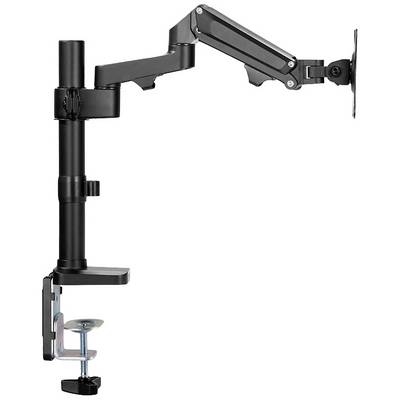 Een verstelbare zwarte monitorarm, bevestigd aan een bureau, voor flexibele positionering van een computerscherm.