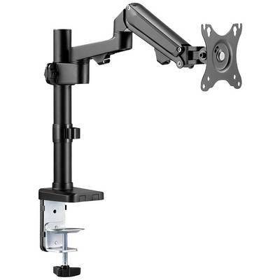 Zwarte monitorarm met verstelbaar scharnier, klem voor bevestiging aan een bureau, VESA-houder voor monitoren.
