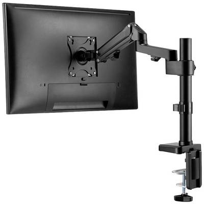 Monitorstandaard met arm die aan de tafelrand is bevestigd. Een beeldscherm is gemonteerd en toont de draaibare functionaliteit van de arm.