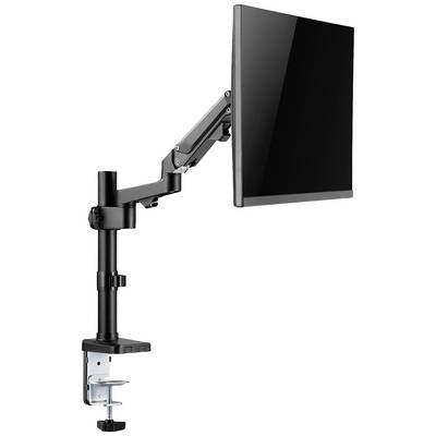 Een zwarte monitorsteun met een monitor die aan een bureau is bevestigd. De arm is verstelbaar en ergonomisch.