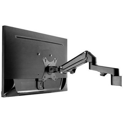 Een zwarte monitor met een beweegbare beugel die aan de achterkant is bevestigd, maakt flexibele positionering mogelijk.