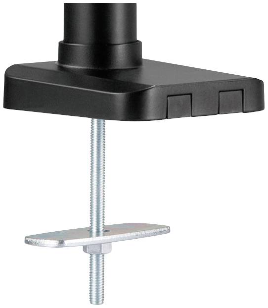Een zwarte tafelhouderklem toont een klem met een bureaubevestiging. Een metalen plaat met schroef fixeert deze van onderen.