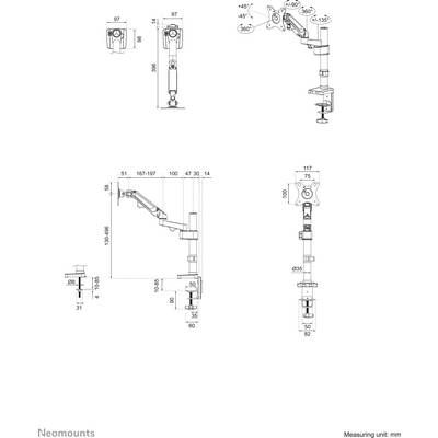 'Technische tekening van een verstelbare monitorarm met gedetailleerde afmetingen en draaimogelijkheden in verschillende perspectieven.'