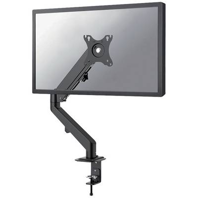 Een enkele, zwarte monitorarm met een tafelklem die een flatscreen vasthoudt. Ideaal voor flexibele schermpositionering.