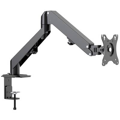 Een zwarte, verstelbare monitorarm van metaal die aan een tafel is bevestigd. Hij heeft een kantelbare kop voor het vastzetten van monitoren.