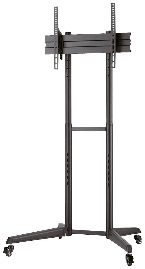 Zwarte mobiele tv-standaard met wielen, geschikt voor grote schermen. Verstelbare bevestiging, stevig metalen frame.