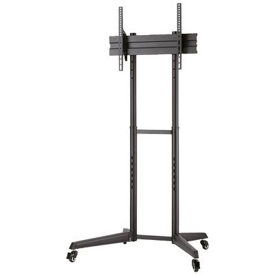 Zwarte mobiele tv-standaard met wielen, geschikt voor grote schermen. Verstelbare bevestiging, stevig metalen frame.