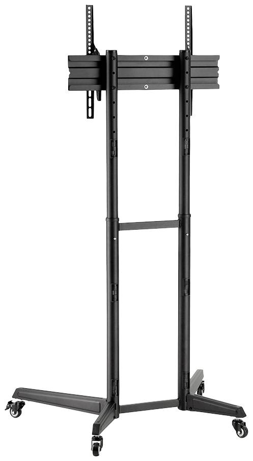 Een zwarte, in hoogte verstelbare tv-standaard op wielen, geschikt voor grote schermen, met een robuust metalen frame.