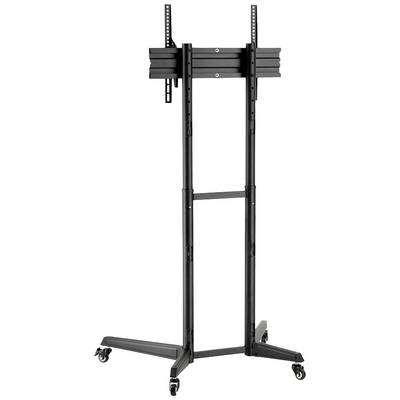 Een zwarte, in hoogte verstelbare tv-standaard op wielen, geschikt voor grote schermen, met een robuust metalen frame.