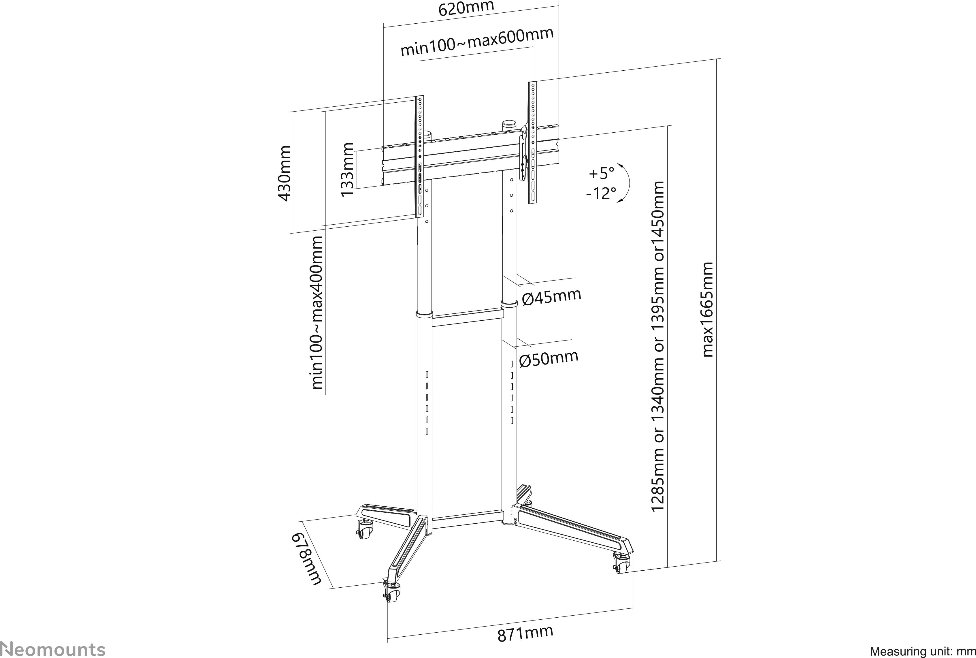 'Neomounts mobiele tv-standaard.' Tekening toont afmetingen: Breedte 620 mm, hoogte 1285-1655 mm, VESA 100-600 mm. Kantelbereik +5°/-12°.