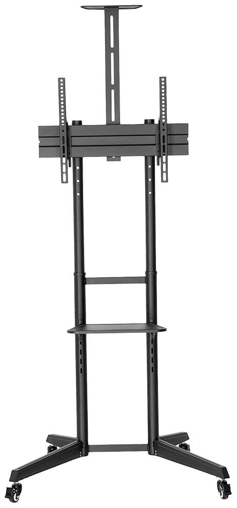 Een zwarte, in hoogte verstelbare tv-standaard met wielen. Ideaal voor het plaatsen van een televisie of monitor voor presentaties of kantoren.