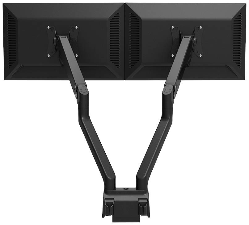 Twee zwarte computermonitoren naast elkaar, gemonteerd op een dubbele monitorarm.