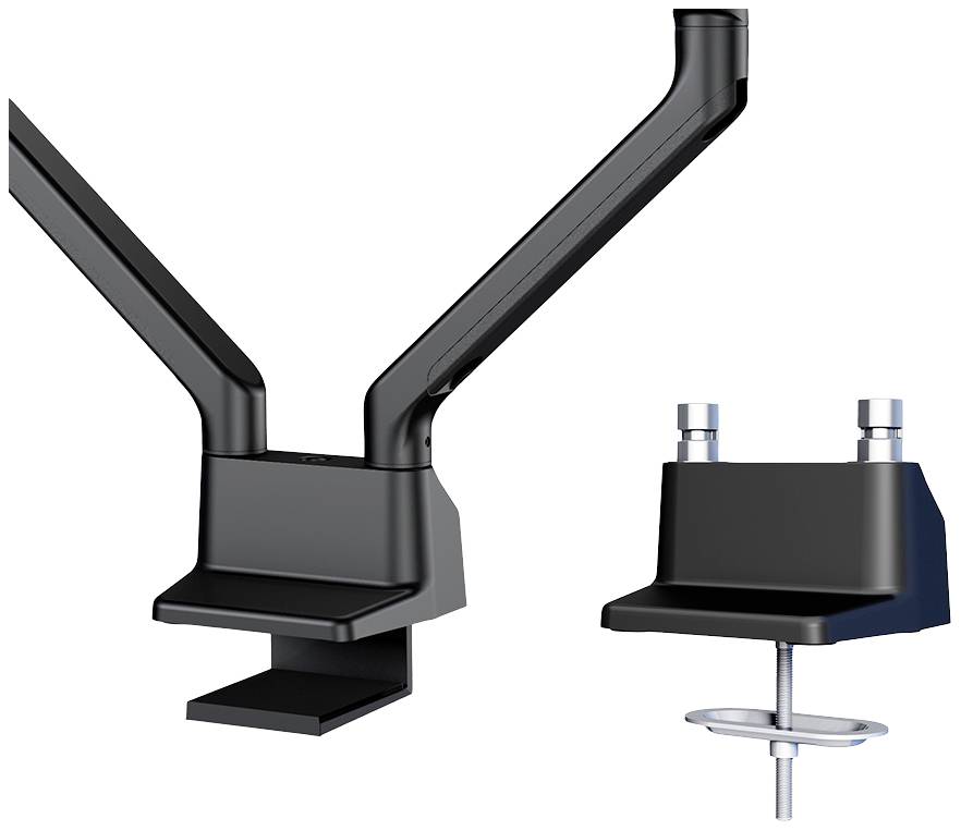 Zwarte steun met twee armen, gebruikt voor de bevestiging van een scherm aan bureaus. Toont zijaanzicht en afzonderlijk onderdeel.