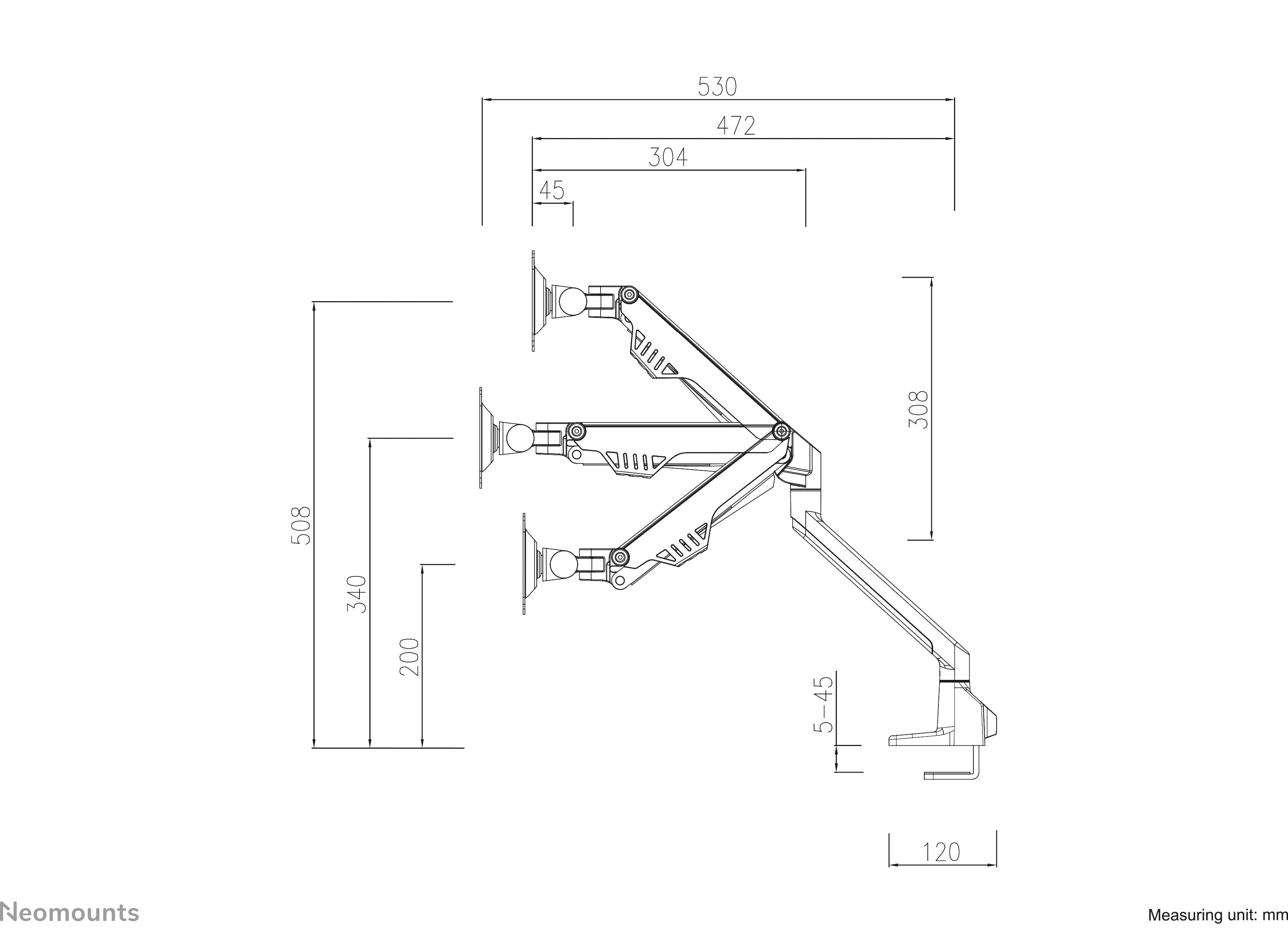 Technische tekening van een monitorarm met meerdere scharnieren. Afmetingen in millimeters weergegeven om flexibiliteit en reikwijdte te demonstreren.