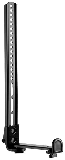 Zwarte verticale staander met ronde gaten voor hoogteinstelling, mogelijk voor rekken of mechanische toepassingen.