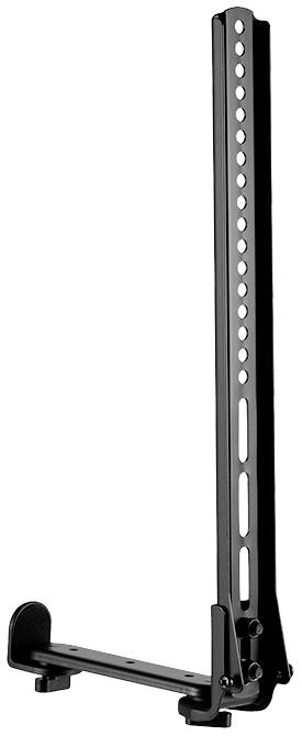 Een zwarte metalen standaard met verstelbare gaten voor hoogteregulering, geschikt voor het bevestigen van apparaten of houders.