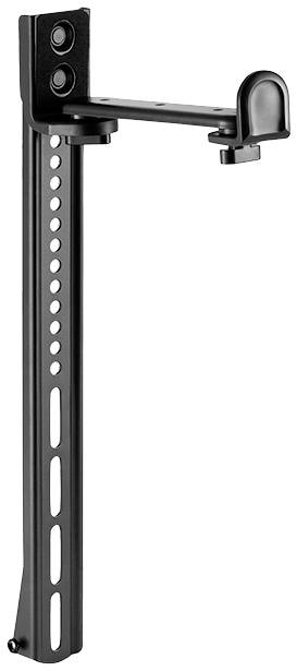 Zwarte houder met verstelbare arm, geschikt voor bevestiging aan een verticaal metalen frame. Bevat meerdere gaten voor hoogteaanpassing.