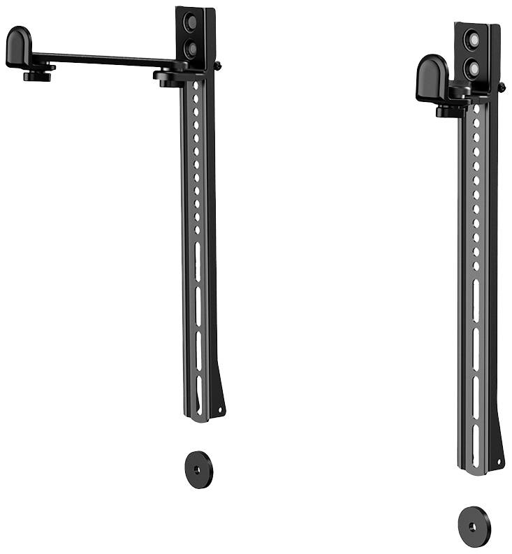 Twee zwarte metalen beugels met meerdere gaten voor hoogteinstelling. Geschikt voor het bevestigen van apparaten aan een muur of andere oppervlakken.