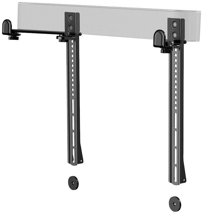 Een bevestigingssteun voor een horizontale soundbar, geschikt voor wandmontage. Twee verticale houders met schroefgaten maken eenvoudige installatie mogelijk.