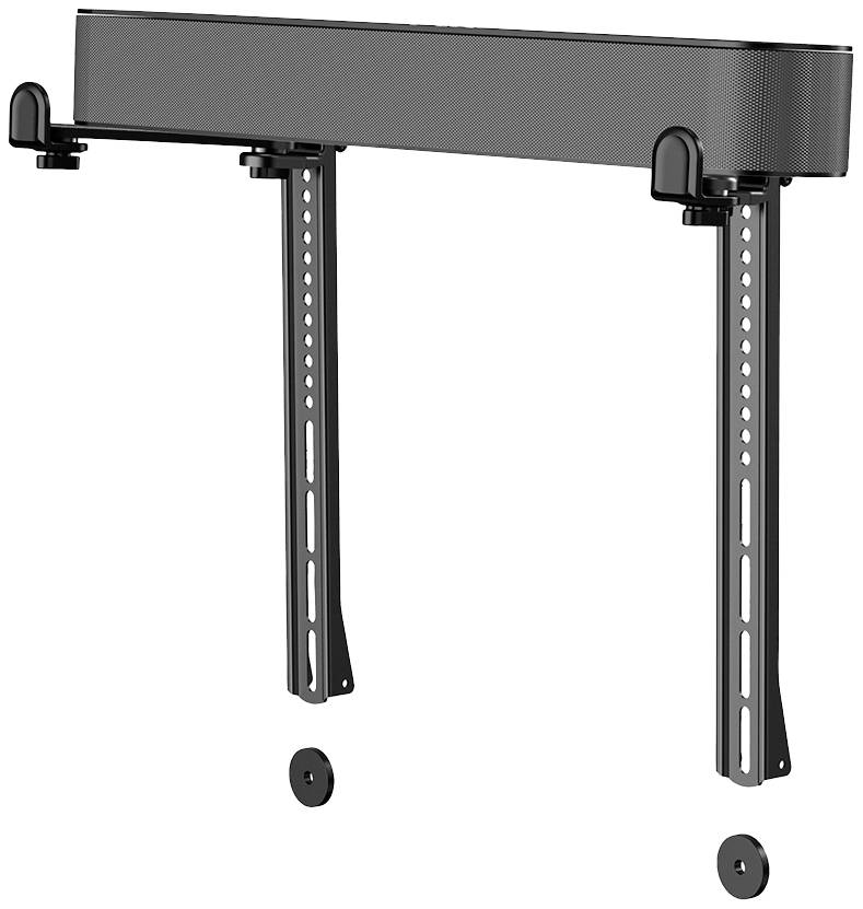 Zwarte wandmontage voor soundbars, bestaande uit een horizontale balk en twee verticale steunen.