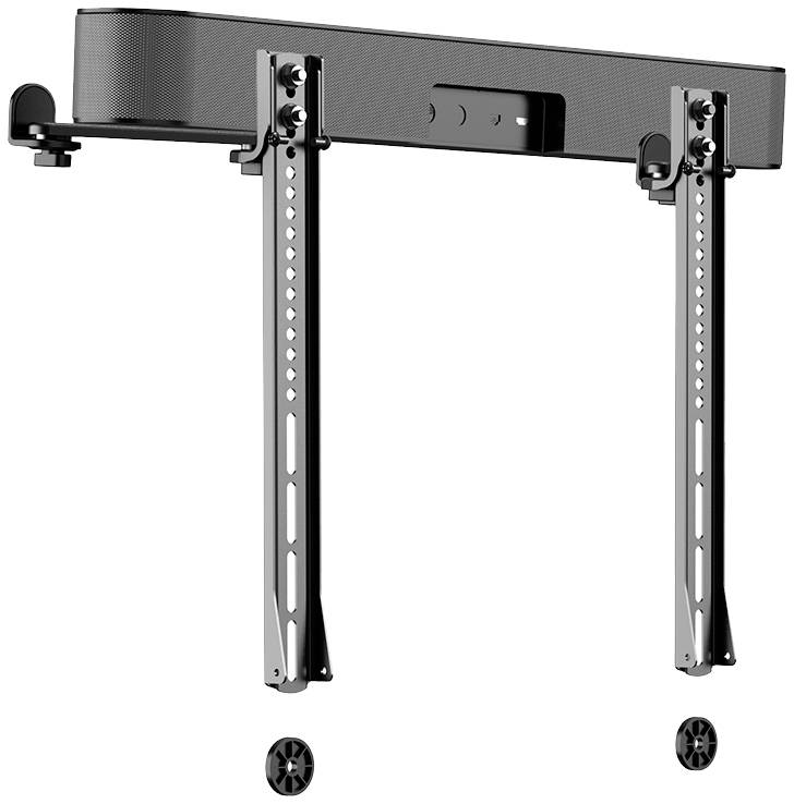 Wandbeugel voor een soundbar, bestaande uit twee verticale, in hoogte verstelbare steunen en een horizontale dwarsdrager.