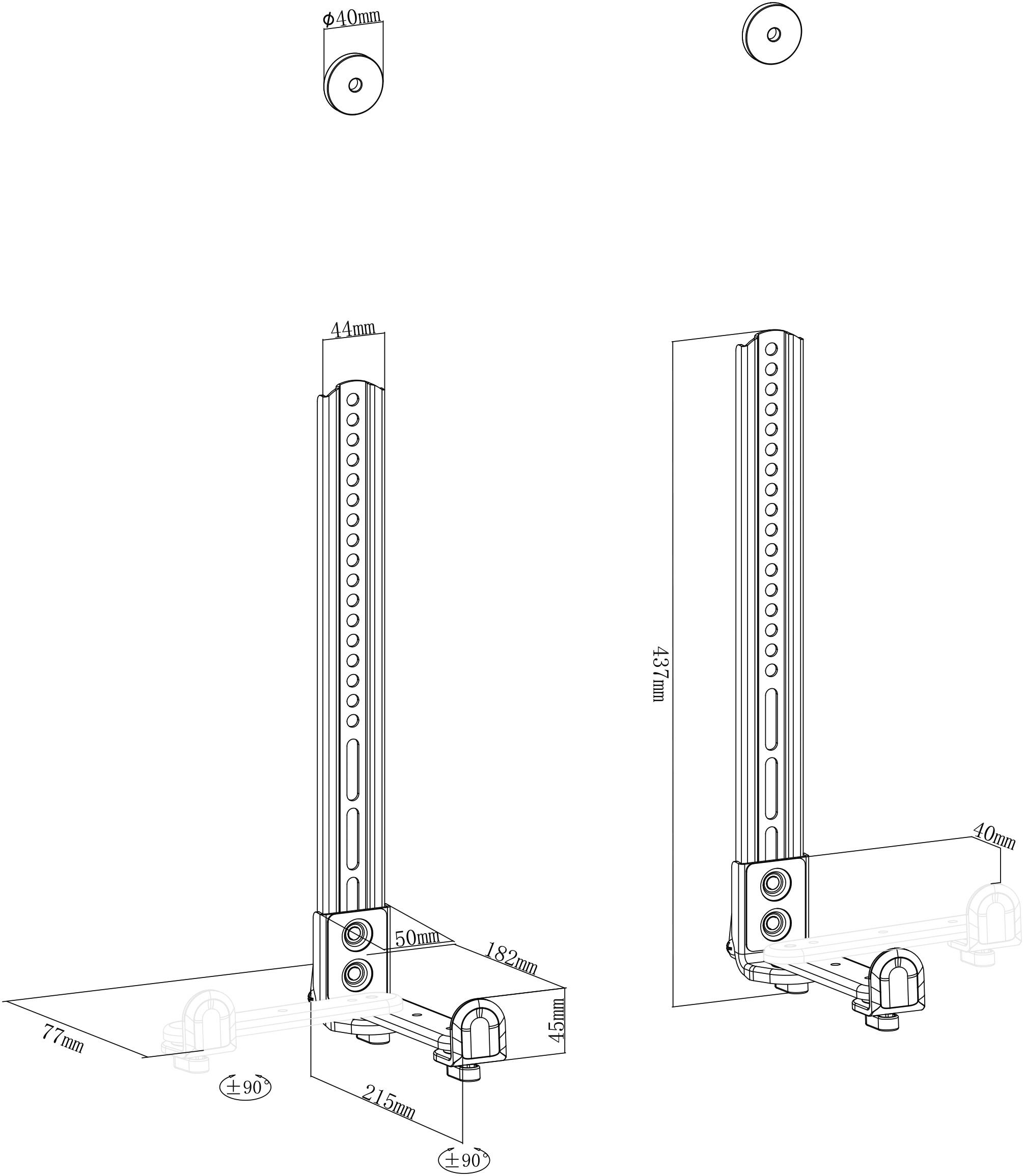 Technische tekening van een montagehoek met afmetingen. Bevat details over hoogte, breedte en bevestigingsmogelijkheden.