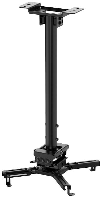 Plafondsteun voor projector met verstelbare arm en montagevoet, vervaardigd uit zwart metaal, geschikt voor thuisbioscoop of kantoorgebruik.