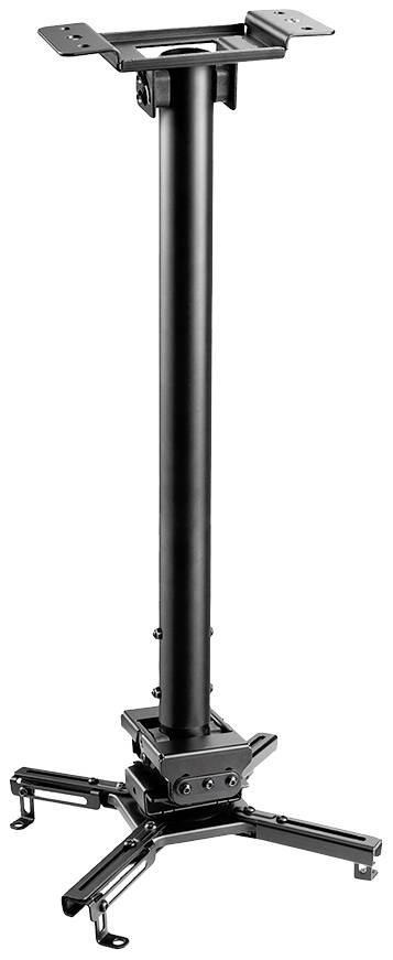 Zwarte plafondsteun voor projectors, met verstelbare telescoopstang en flexibele bevestigingsbasis aan de onderzijde.