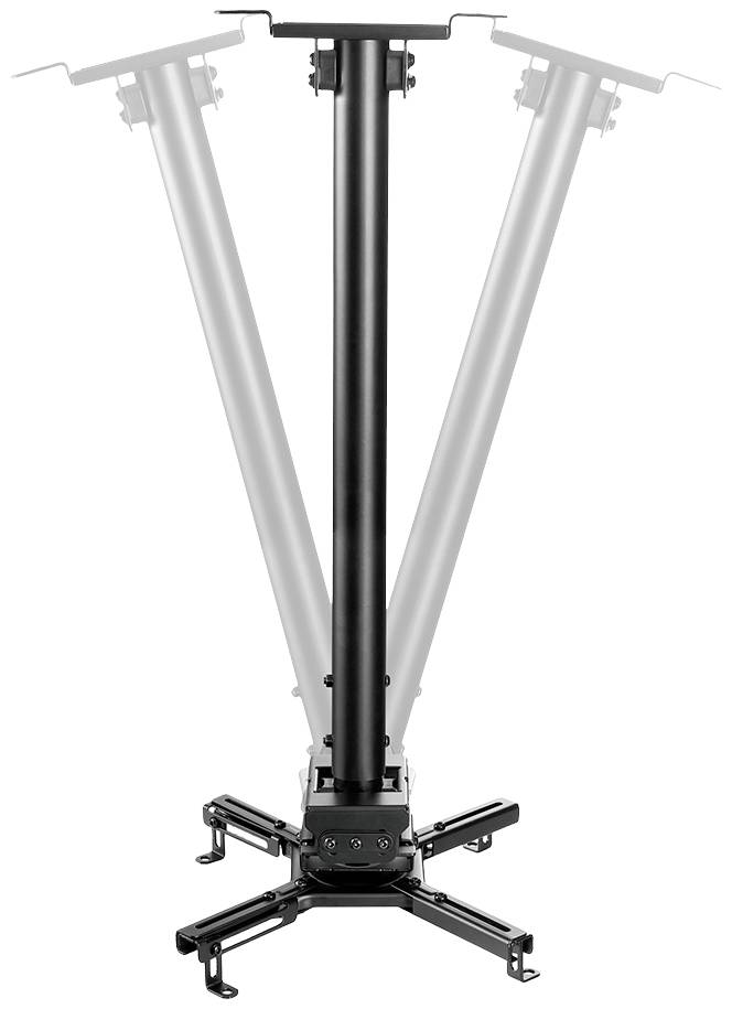 Plafondbeugel voor projectors, zwart, verstelbaar. Hoofdstaaf en bevestigingselementen zichtbaar. Ideaal voor plafondmontage van projectors.