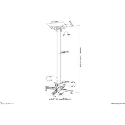'Projectorhouder, hoogteverstelbaar van 745 mm tot 1145 mm, kantelhoek -90° tot +90°, 360° draaibaar, basisbreedte 130-470 mm.'