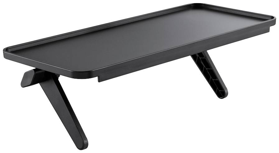 Een strak, zwart monitorrek met twee schuine poten ter ondersteuning. Ideaal voor het verhogen van beeldschermen op bureaus.