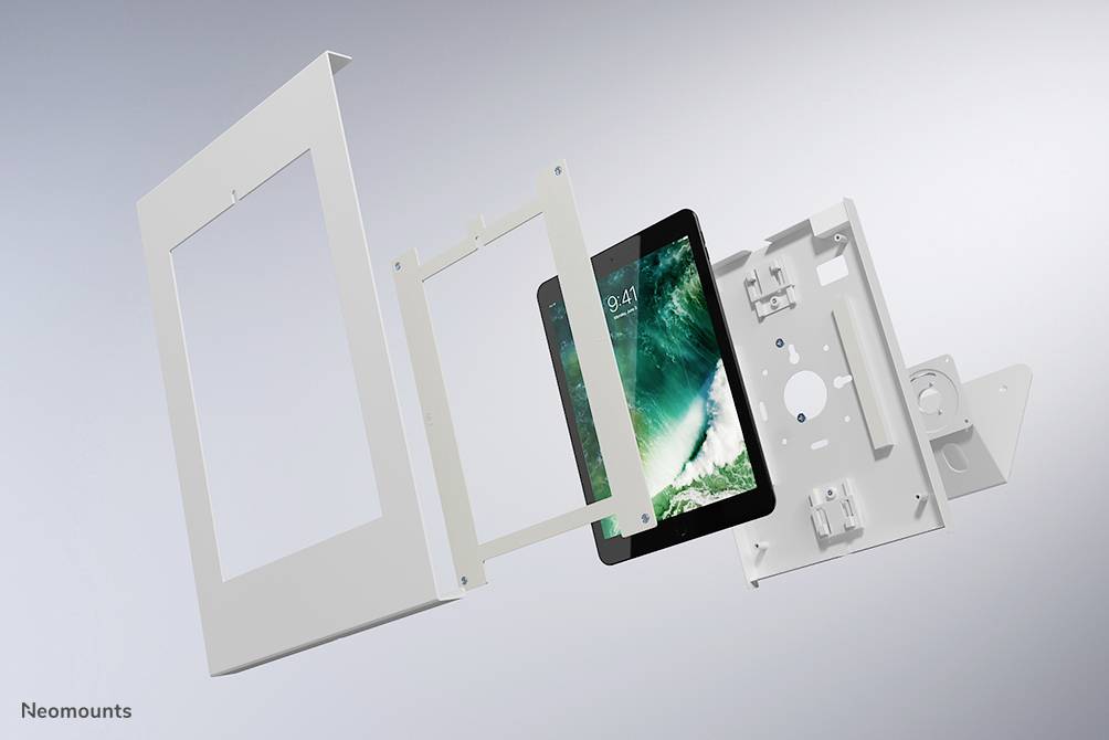 Ontploffingstekening van een tablet-behuizing met verwijderbaar frame en wandmontage, toont de afzonderlijke componenten in volgorde.