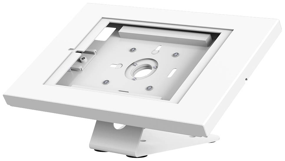 Witte, rechthoekige metalen beugel als houder voor een elektronisch apparaat, met meerdere openingen en montagesleufjes.