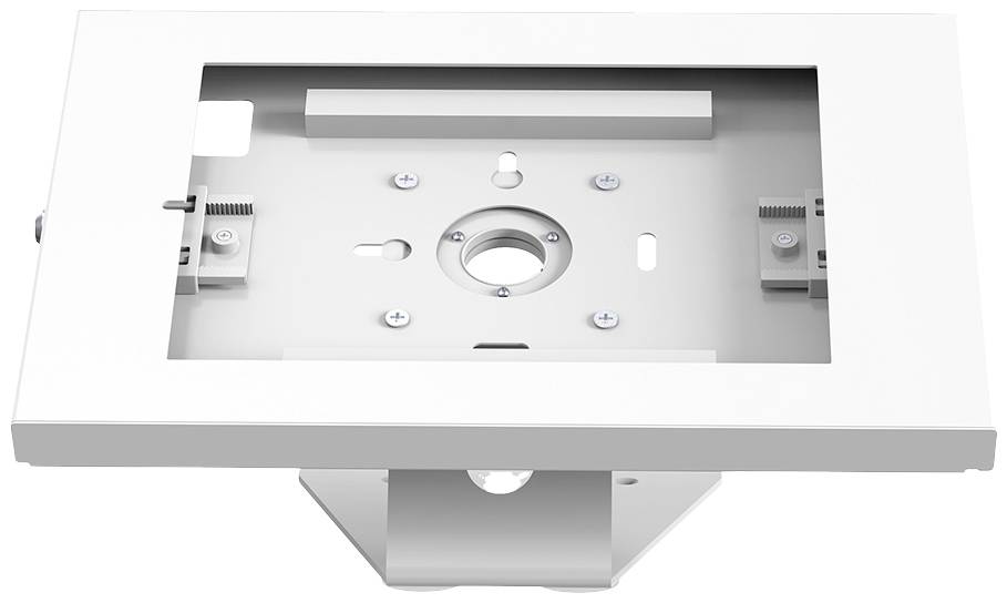 Metalen beugel met vierkante frame en centrale opening, waarschijnlijk bedoeld voor het bevestigen van een apparaat aan een oppervlak.