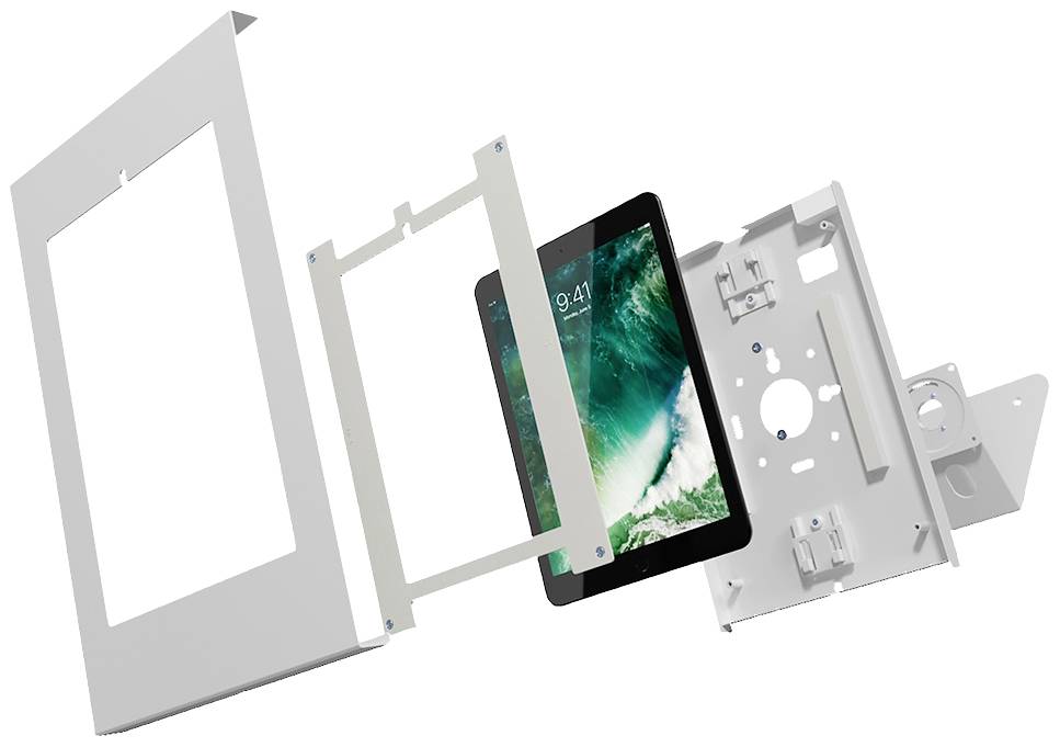 Ontploffingstekening van een tablethouder met verschillende montageniveaus en een tablet in het midden.