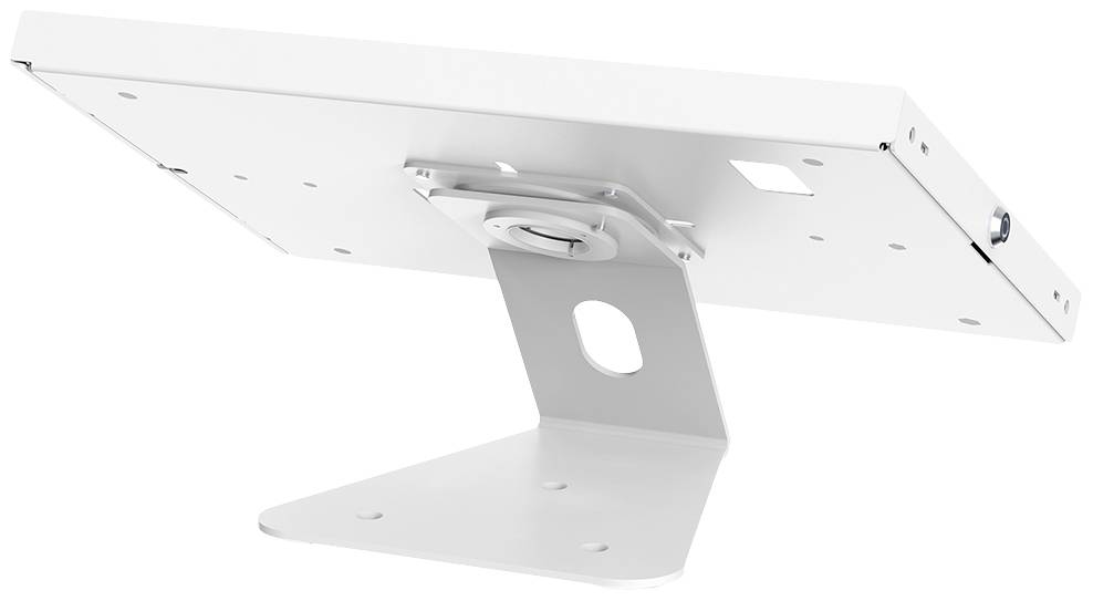 Een witte metalen standaard met draaibare voet, geschikt voor het plaatsen van monitors of tablets op een tafel.