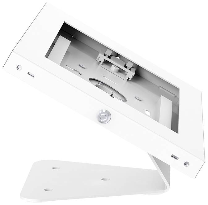 Witte, schuine tabletstandaard met rechthoekig frame en bevestigingsschroeven, biedt stabiliteit en bescherming voor tablets.