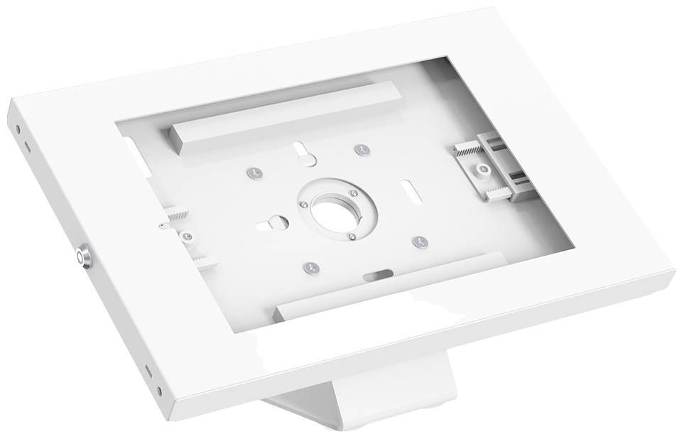 Witte metalen beugel voor een elektronisch apparaat, met een centraal gat en bevestigingsmechanismen aan de zijkanten.