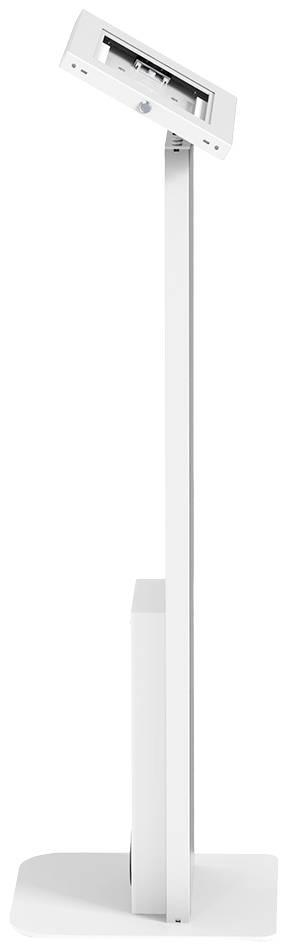 Een witte, slanke digitale kiosk met een gekanteld scherm dat gemonteerd is op een standaard, bedoeld voor interactieve presentaties.