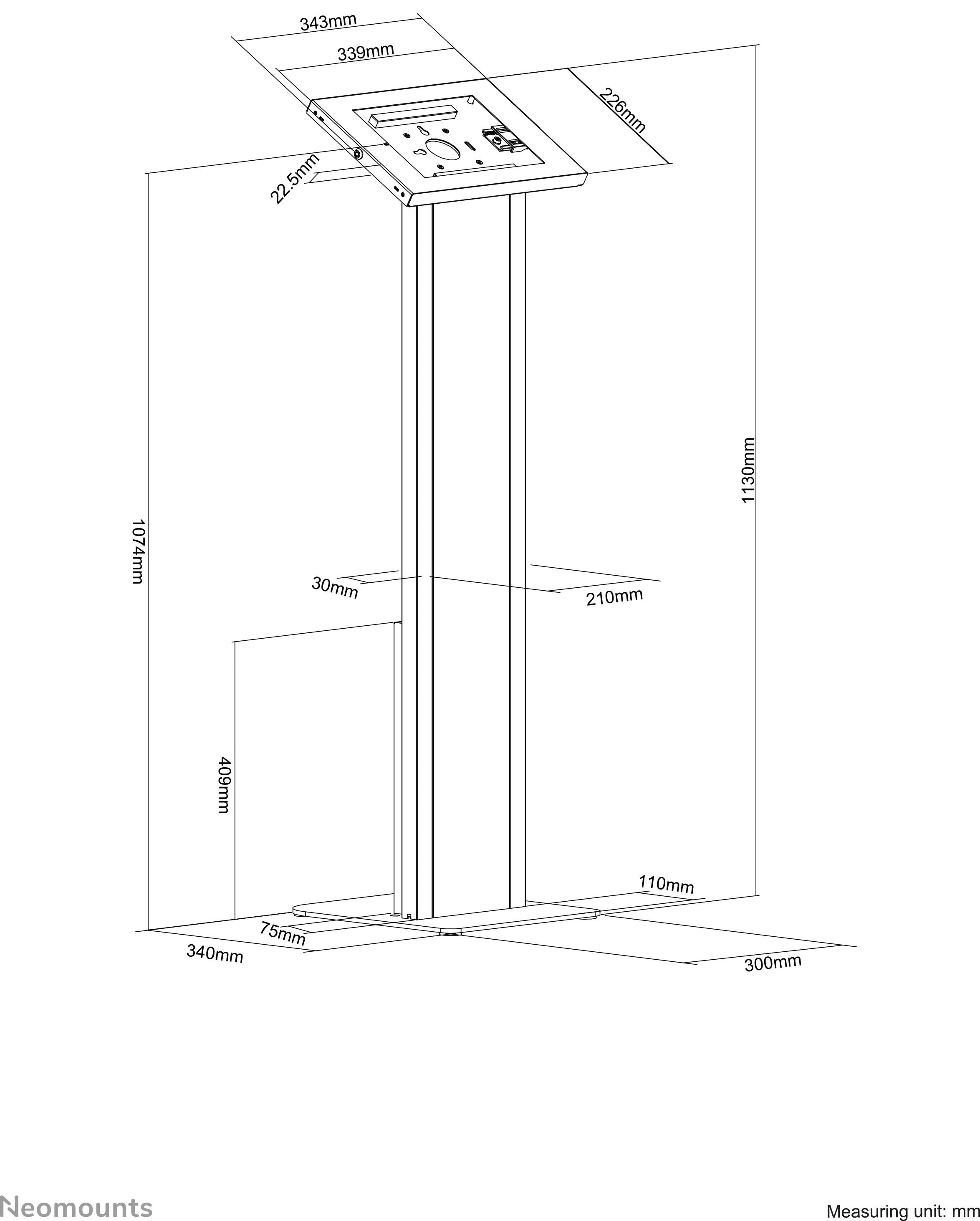 Diagram van een verstelbare standaard met afmetingen. Breedte boven 343 mm, hoogte 1130 mm, sokkelbreedtes 340 mm. Maateenheid: mm.