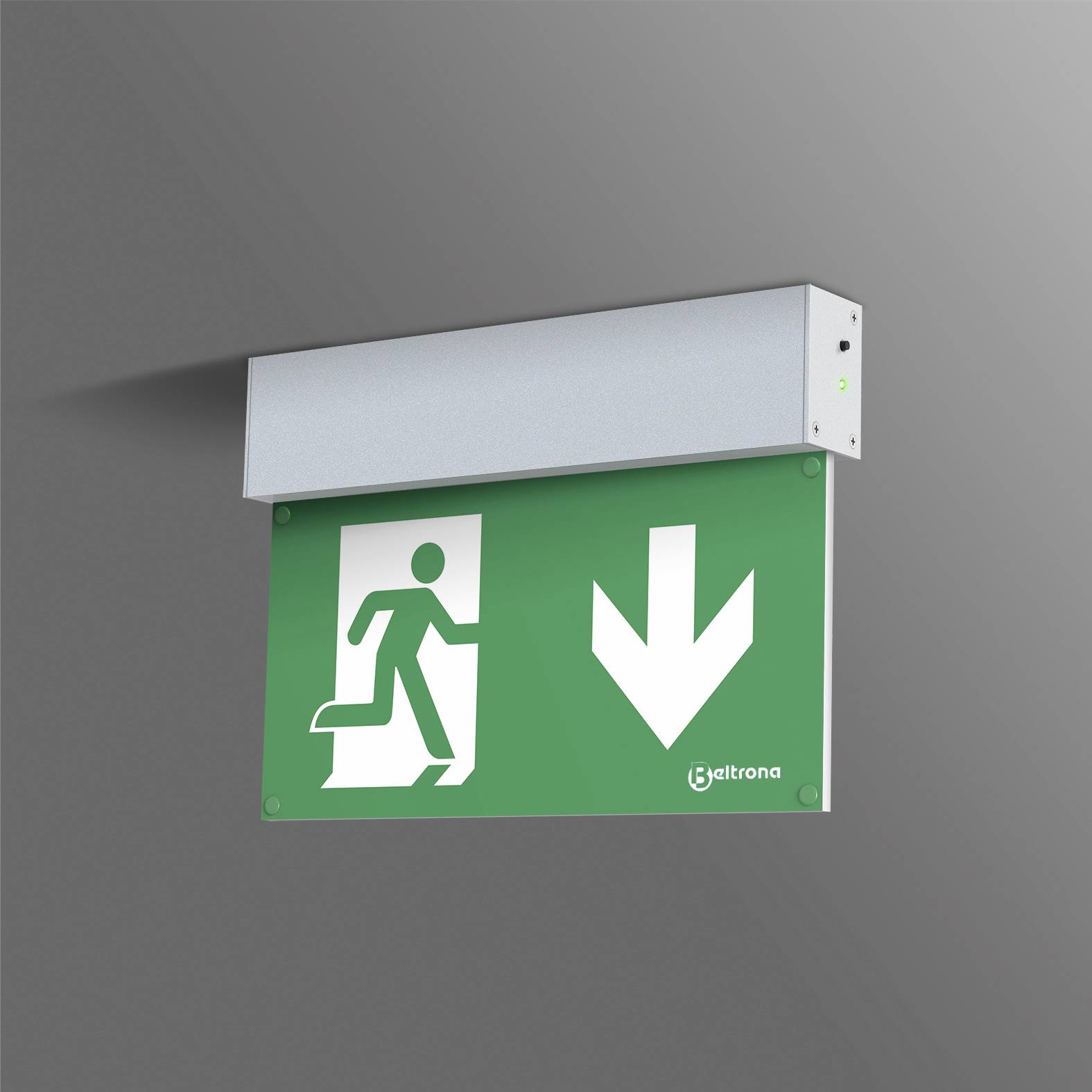 Nooduitgangsbord met een groene achtergrond toont een persoon die naar links rent, vergezeld van een witte pijl omlaag.